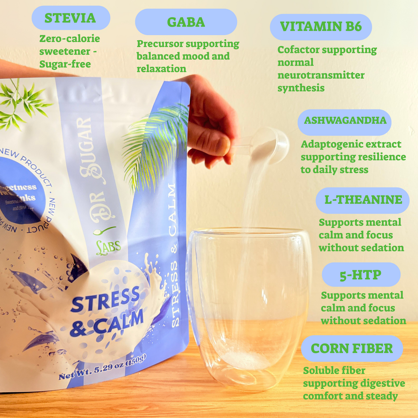 Stress & Calm support Sweetened Powder (Sweetened with Corn Fiber and Stevia) - Dr Sugar Labs