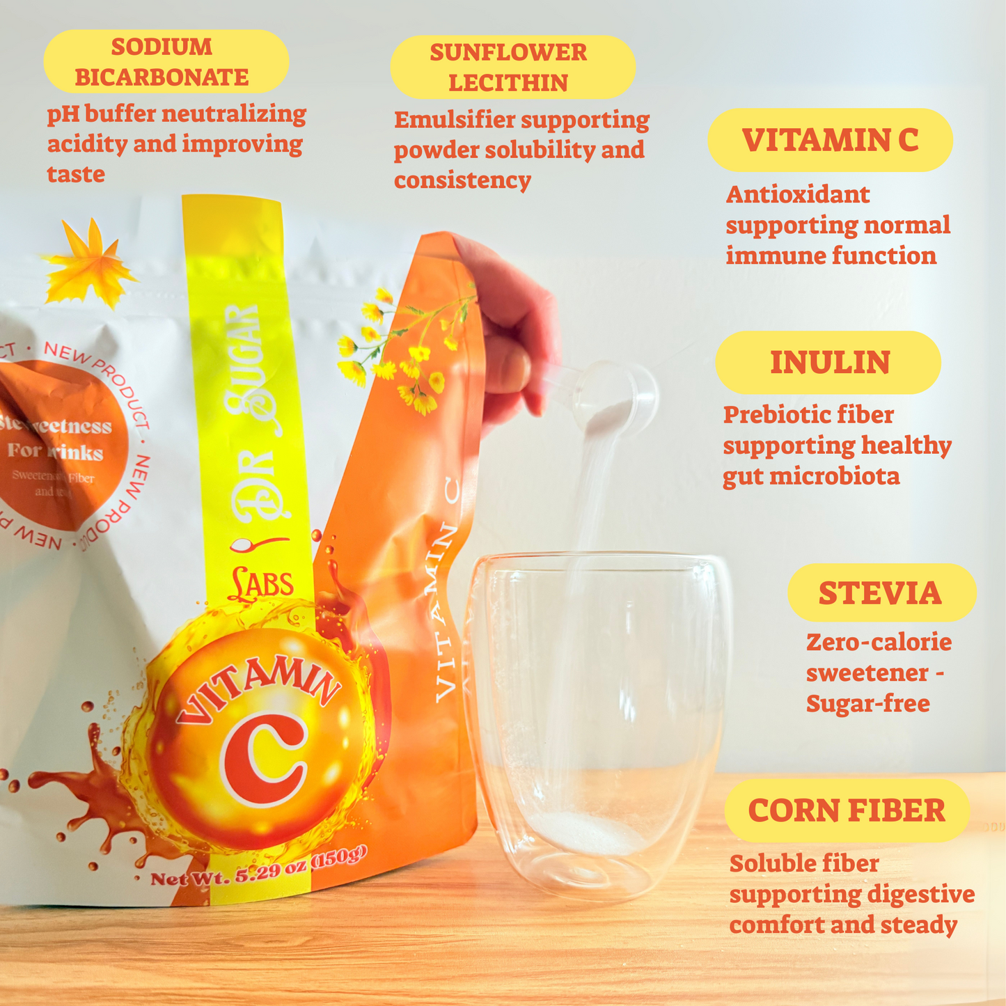 Immune-Boost Vitamin C Sweetened Powder (Sweetened with Corn Fiber and Stevia) - Dr Sugar Labs